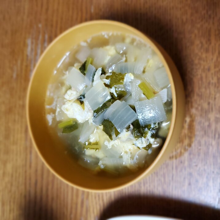 玉ねぎとかぶの葉の卵とじスープ
